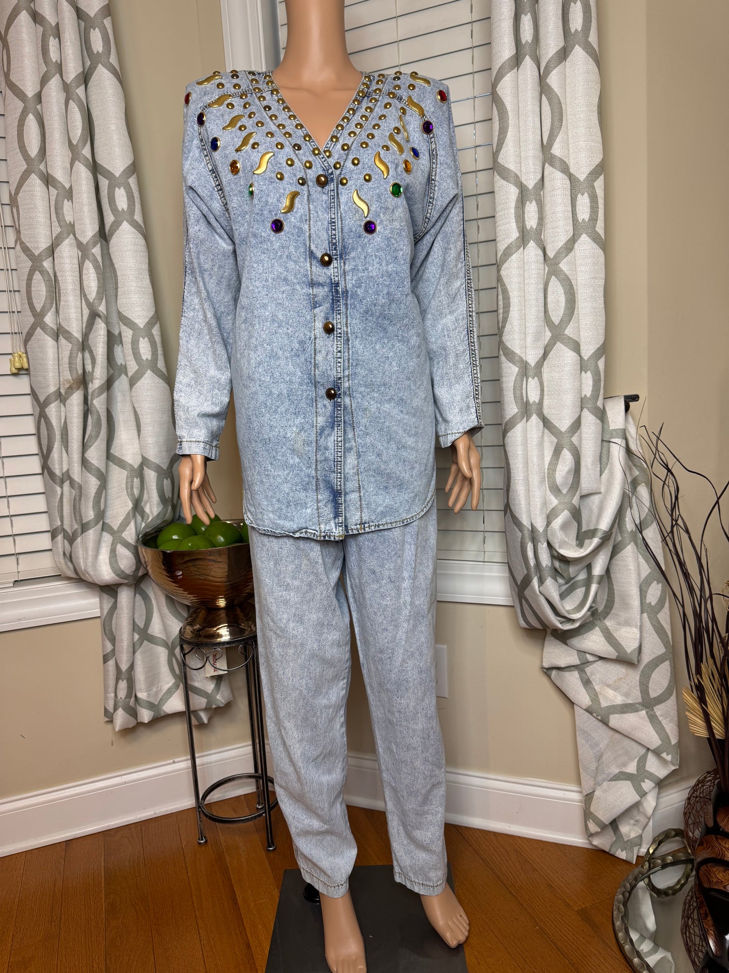 Monique Fashions Bejeweled Denim 2-Piece Pant Set