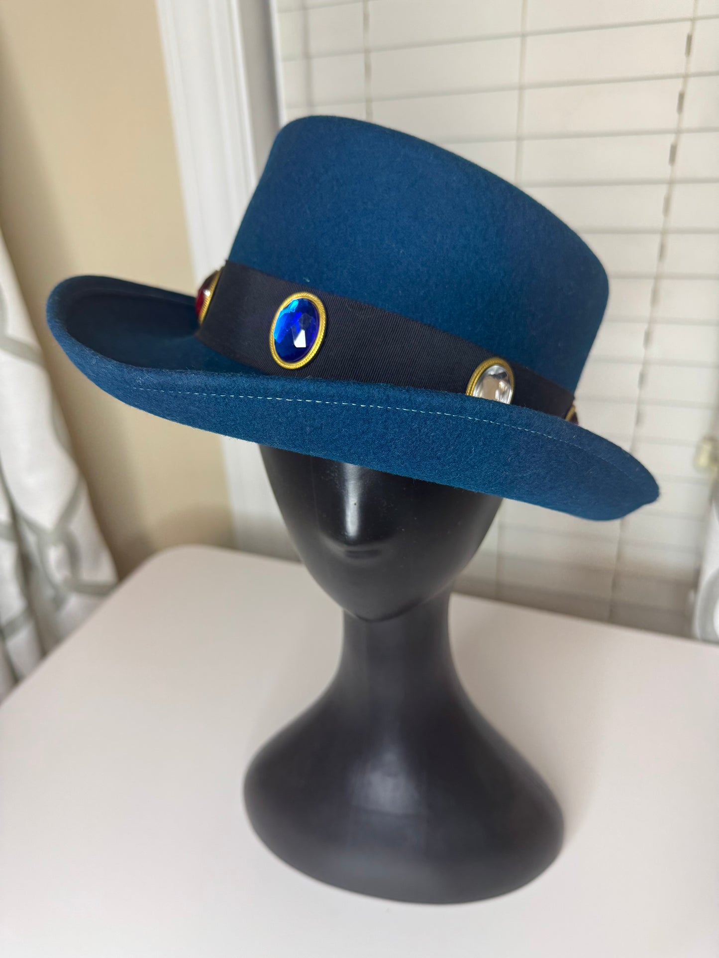 Vintage 70s/80s Jeweled by Ernie Wool Doeskin Felt Bollman Boater Hat