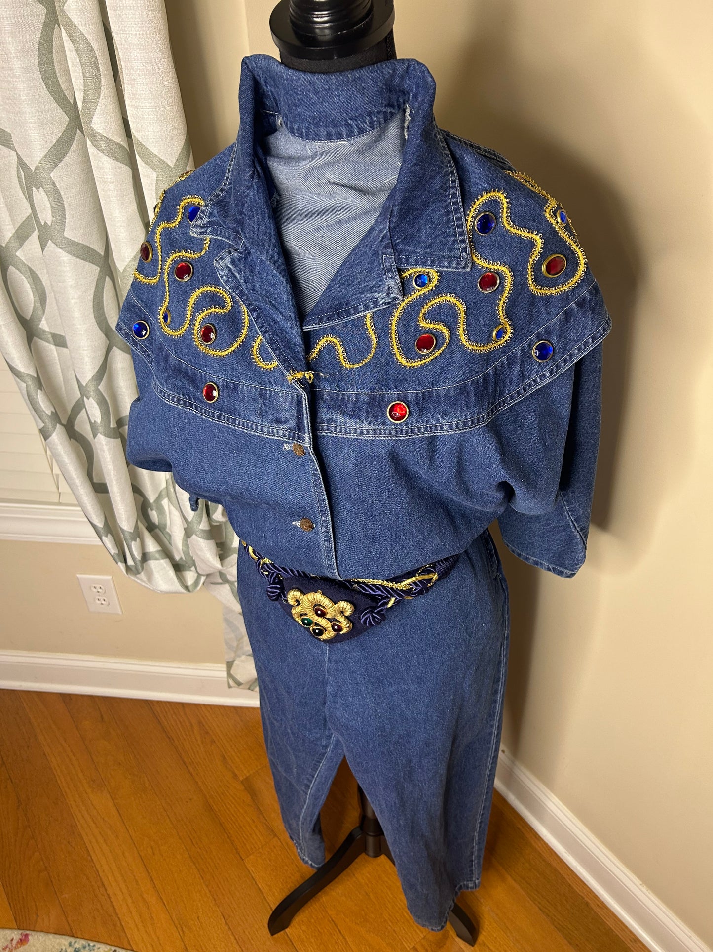 Dolman Sleeve Bejeweled Denim Romper with Belt