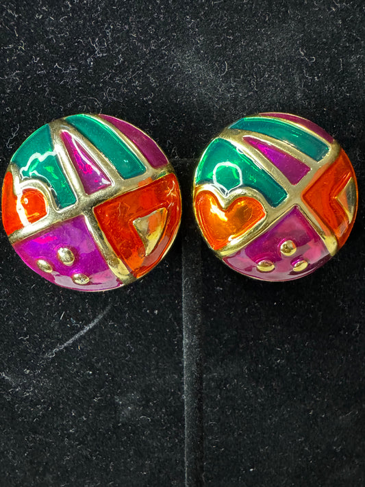 Vtg Multicolor Button Style Earrings
