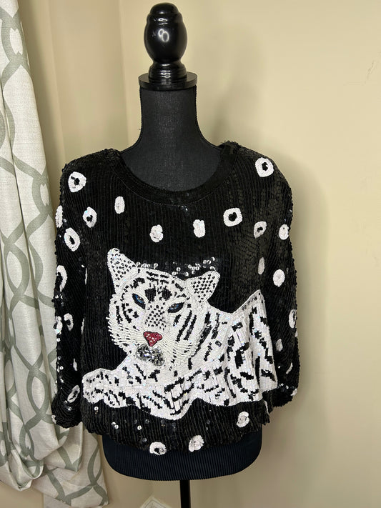 VTG MODI Sequin White Tiger Dolman Sleeve Top NWOT