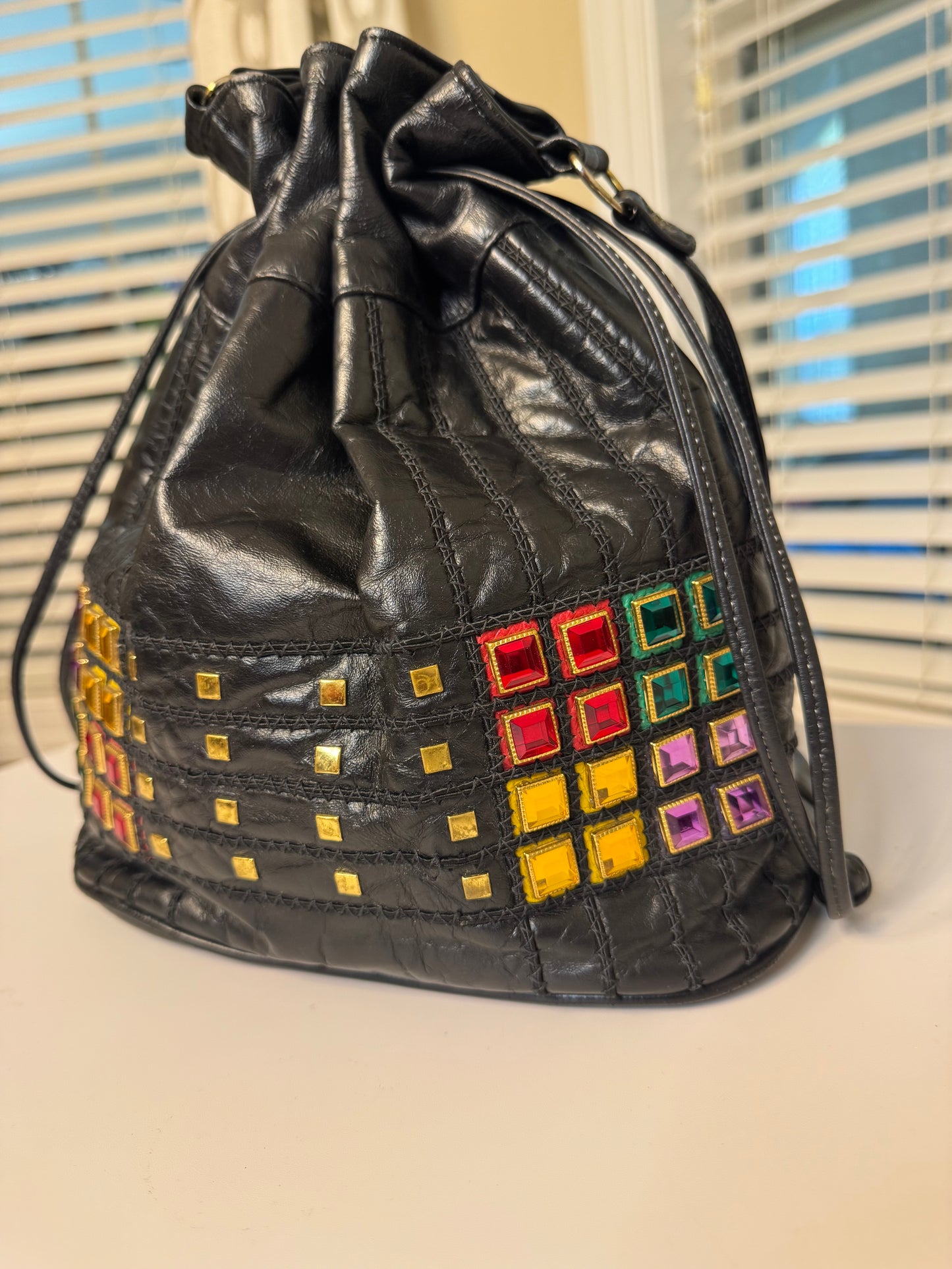 Genuine Leather Vintage Bejeweled Bucket Bag
