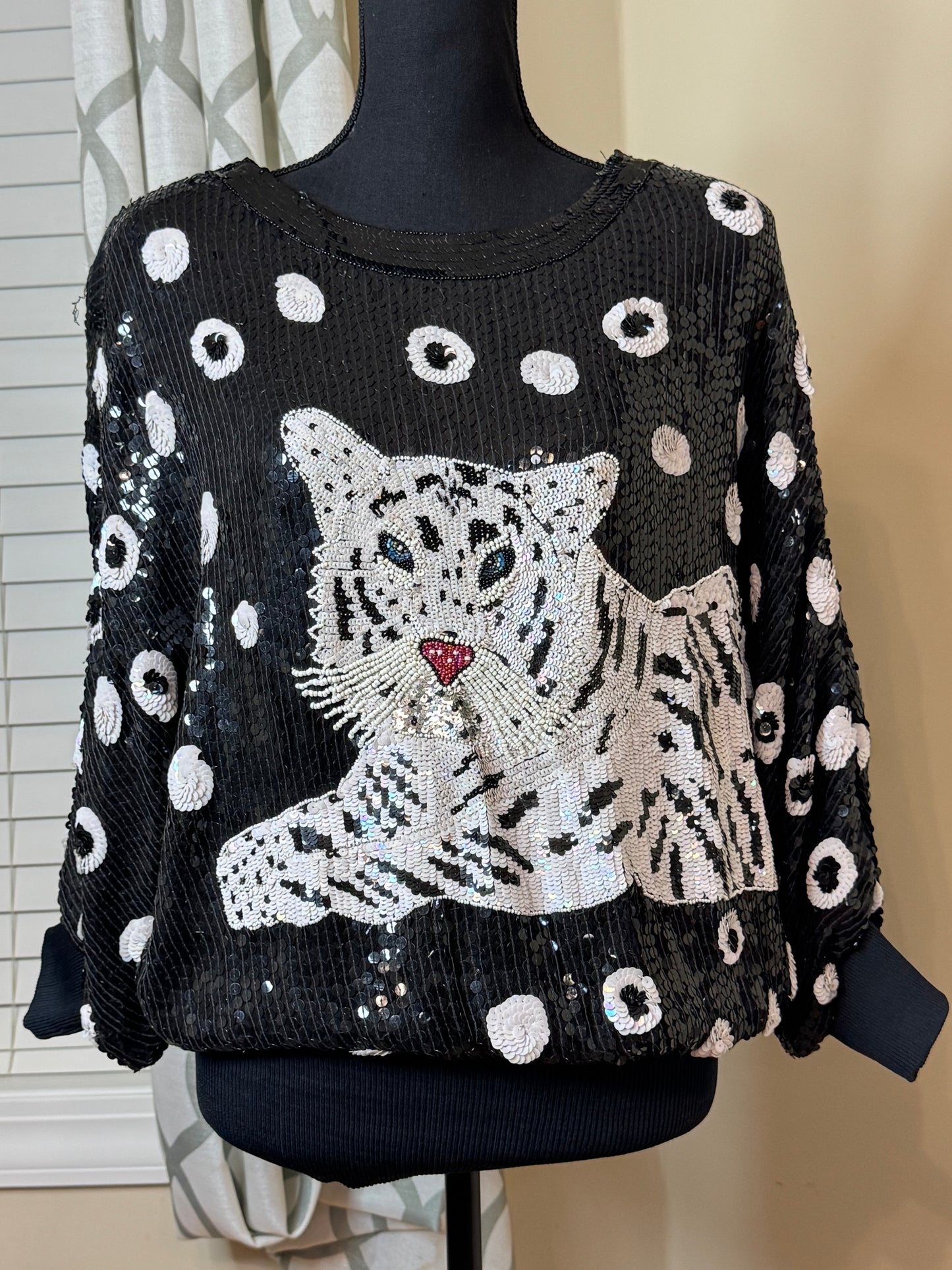 Vintage MODI Sequin White Tiger Dolman Sleeve Top