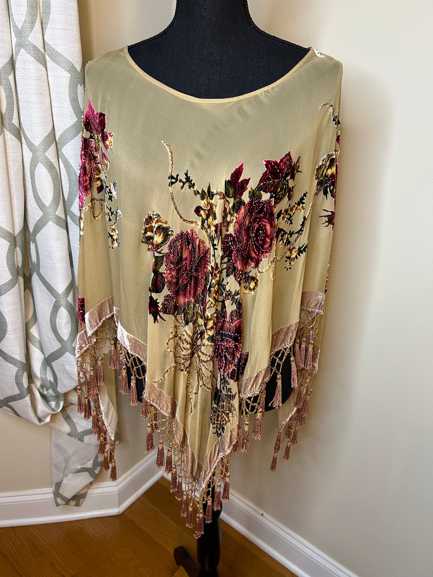 Cache Embroidered and Beaded Poncho with Sequin Tassels