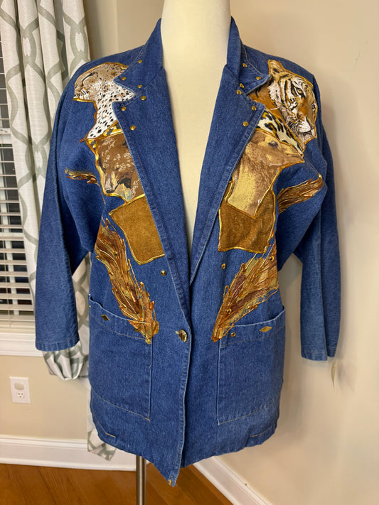 Vintage Fashion Avenue Embroidered and Animal Print Denim Blazer NWT