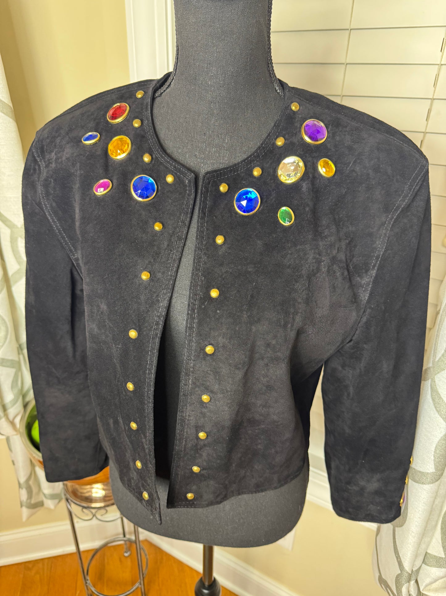 80s Vintage Bejeweled Suede Cropped Open Blazer (Fully Lined)