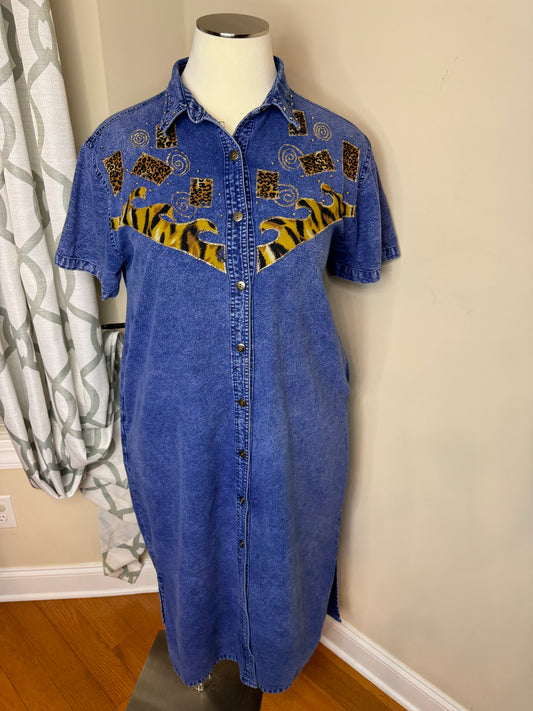 Vintage 80s Animal Print Embroidered Dress