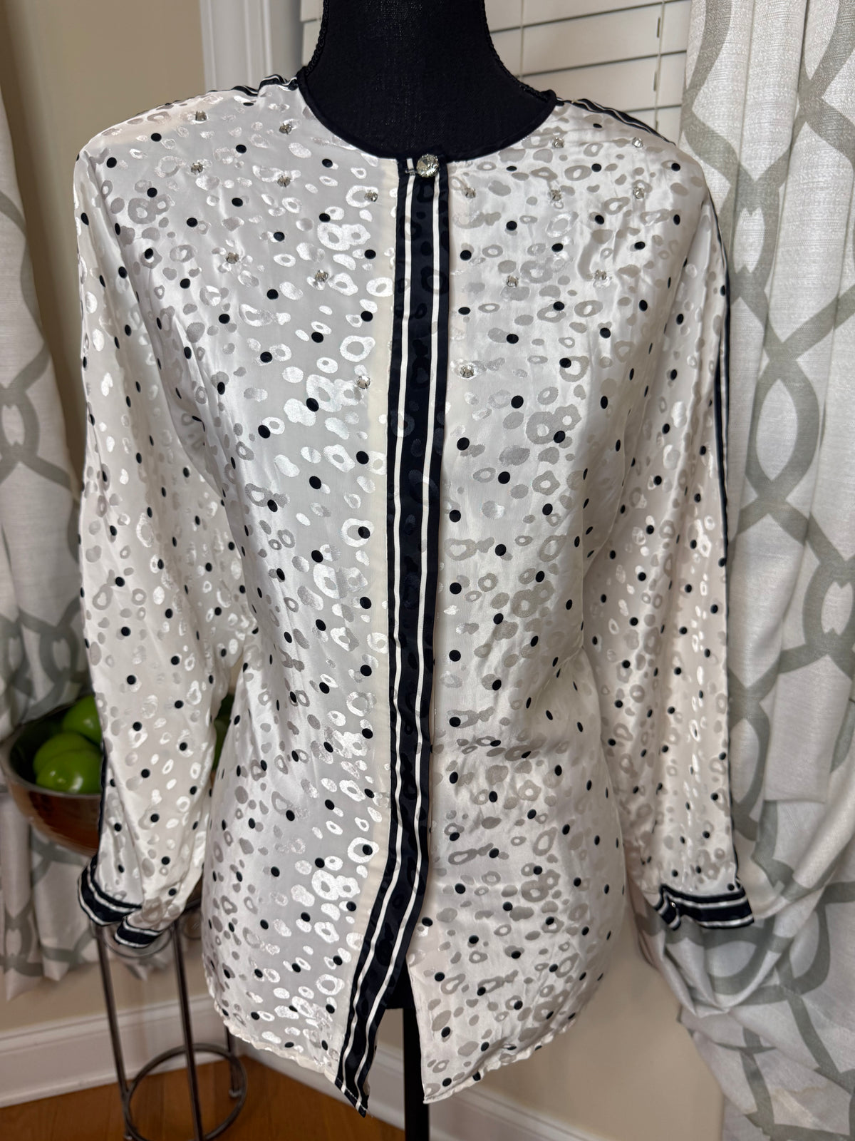 Vintage Personal Brand Polka Dot Blouse with Rhinestone Accents