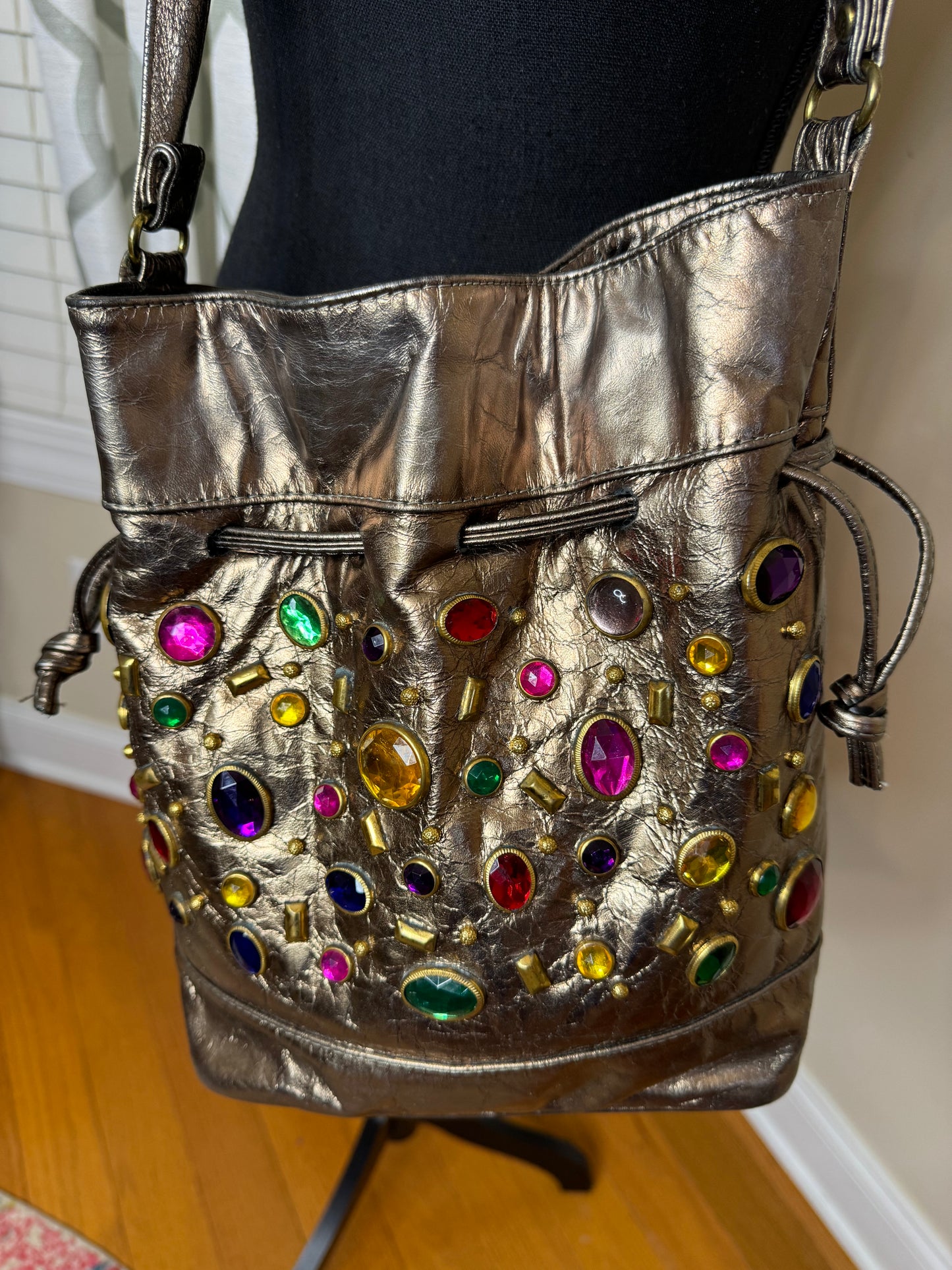 80s Metallic Bejeweled Drawstring Handbag