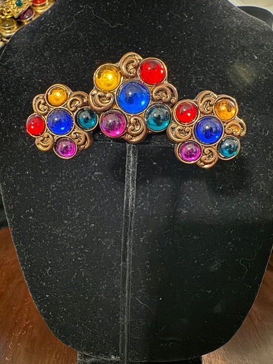 90s Jewel Tone Pierced Vintage Earring and Brooch Set
