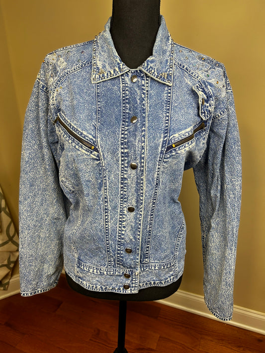Vintage Acid Wash Bejeweled and Studded Denim Jacket