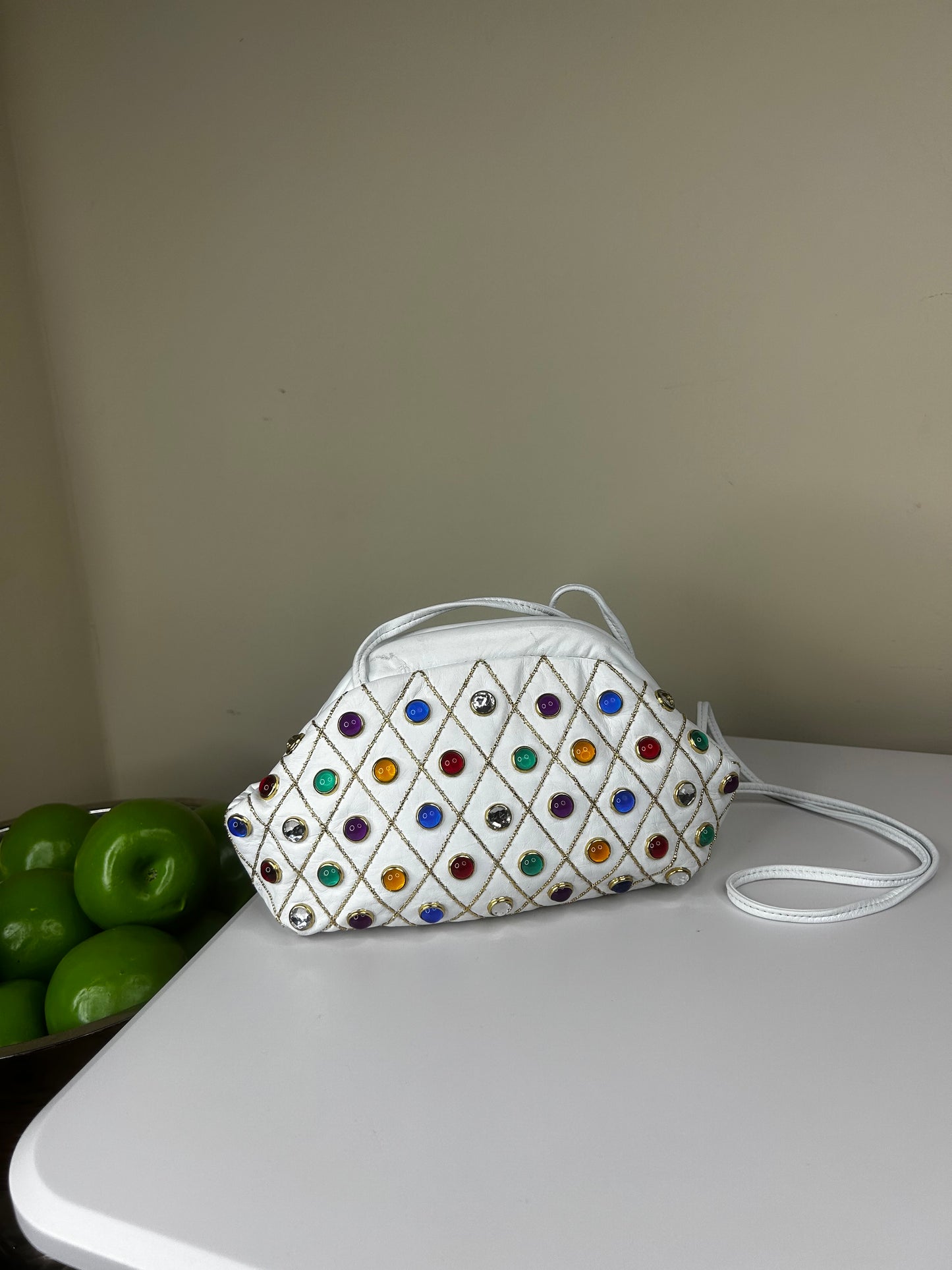 80's Quilted White Leather Colorful Jeweled Crossbody Bag