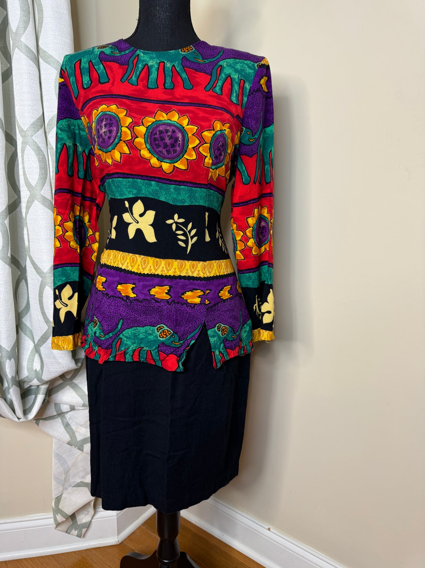 Vintage 80's Elephant/Sunflower Print Dress