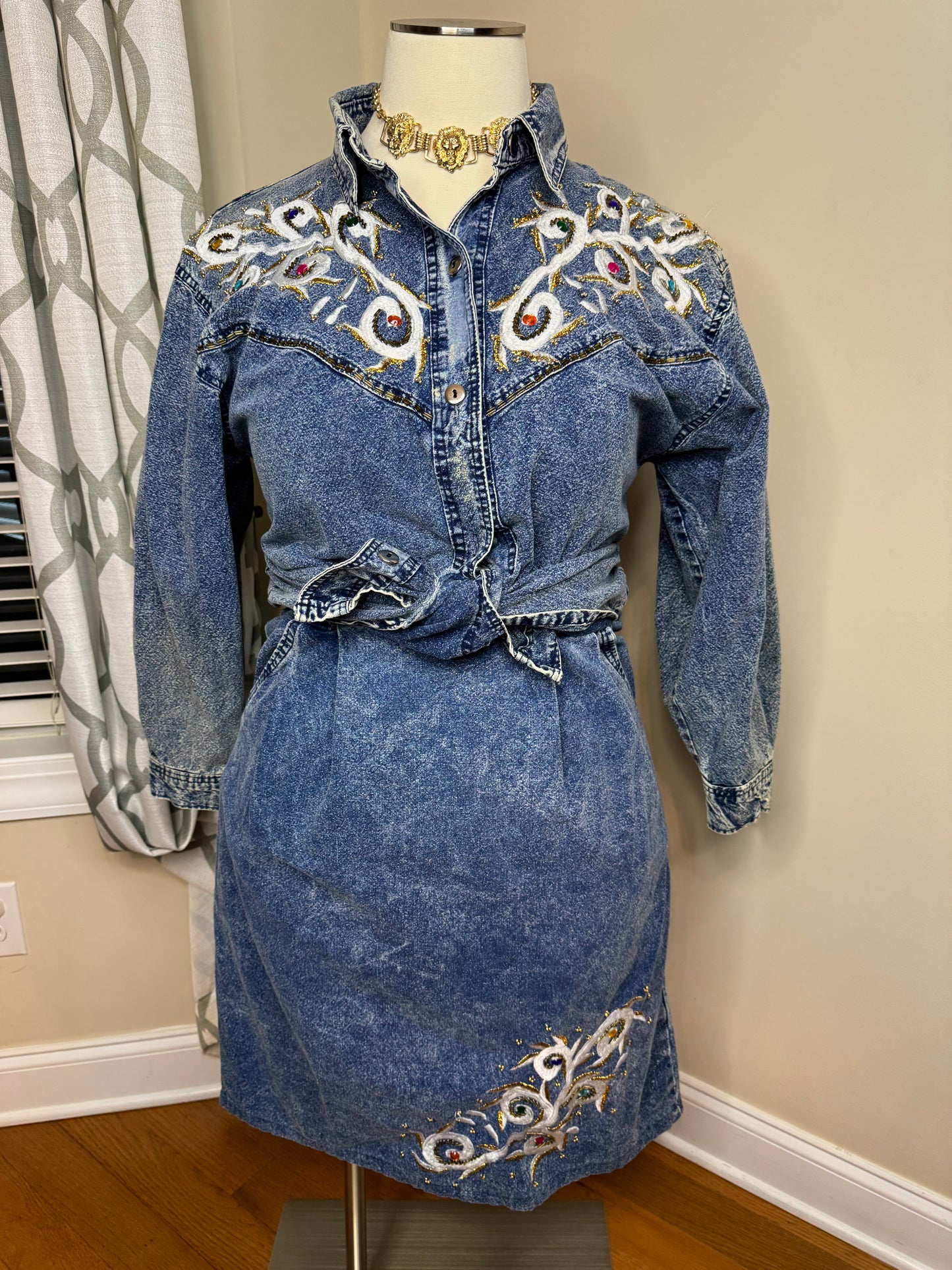 Club Z Vtg Denim Bejeweled 2-Piece Skirt Set