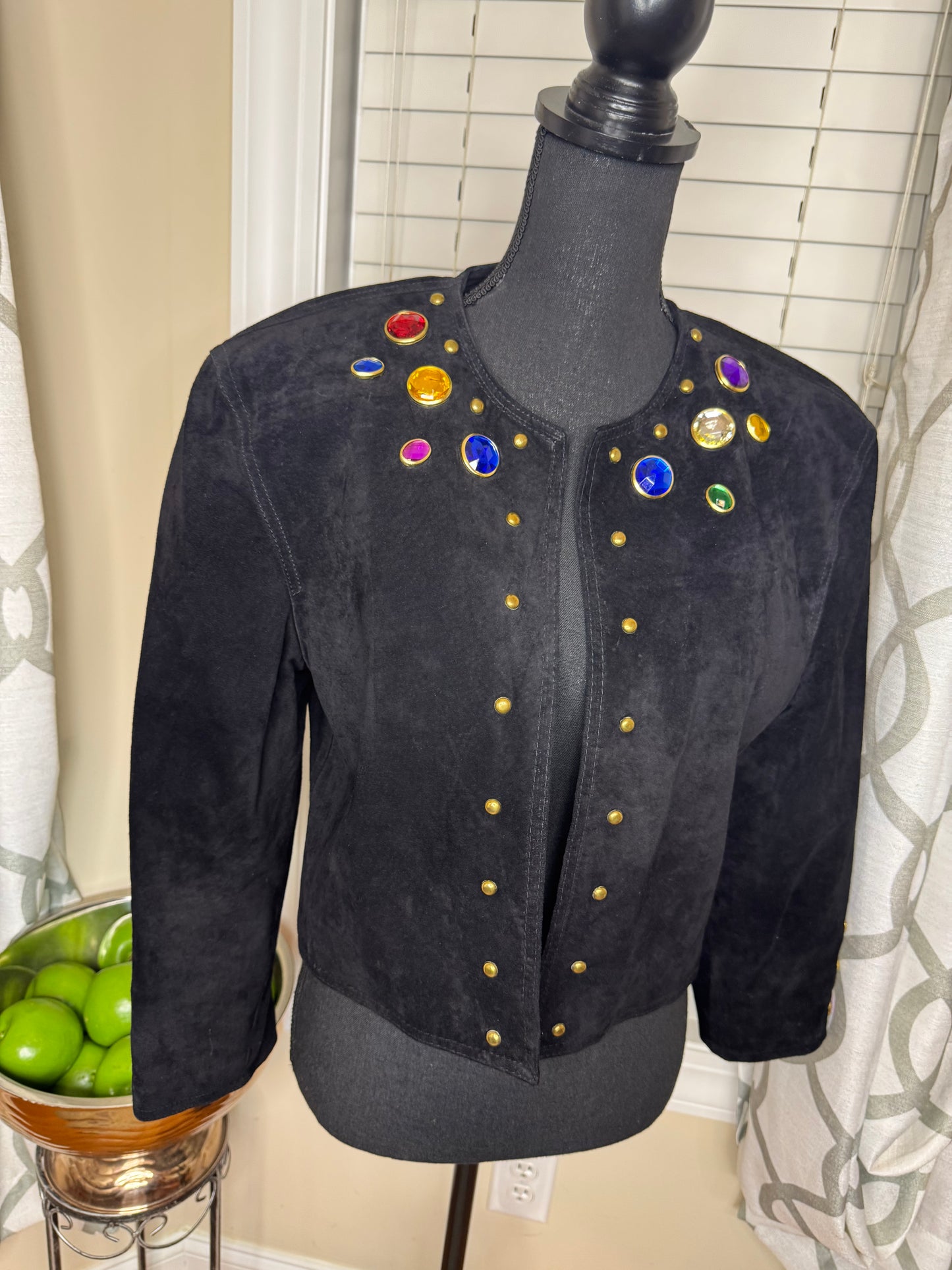 80s Vintage Bejeweled Suede Cropped Open Blazer (Fully Lined)