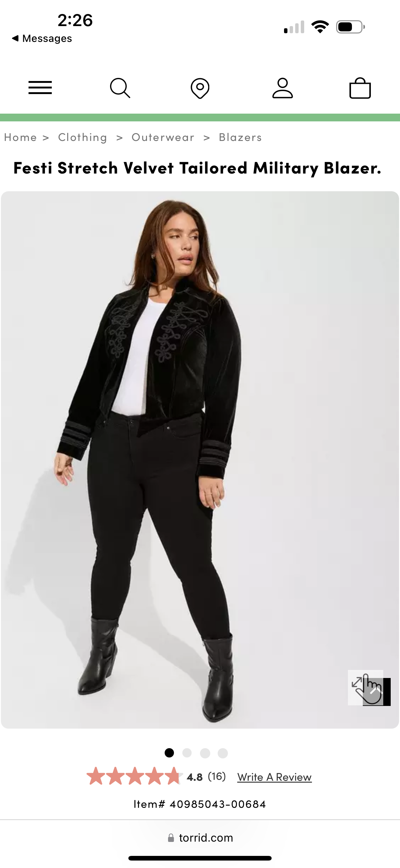 Festi Stretch Velvet Tailored Military Blazer by Torrid