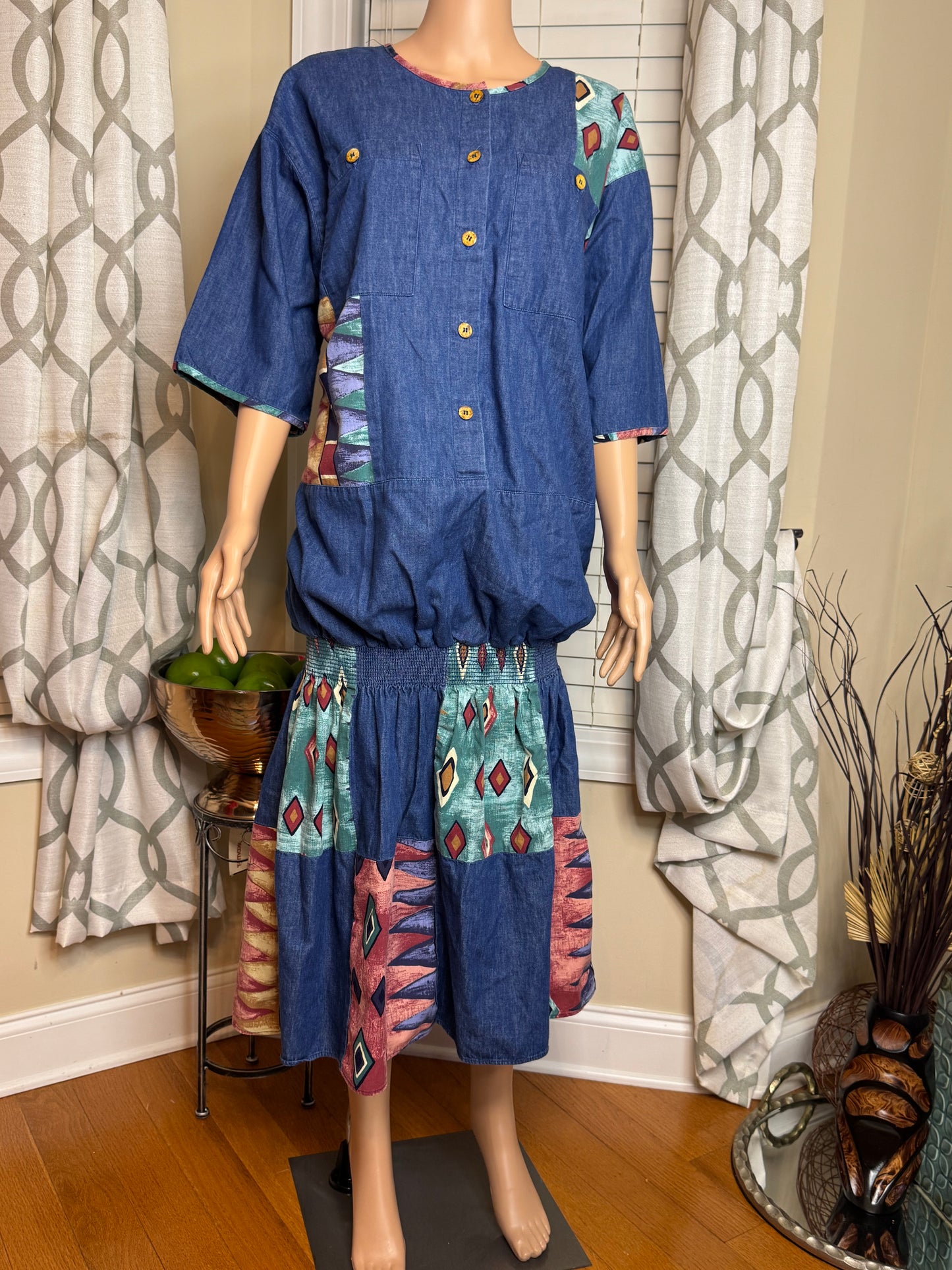 Vintage Vikki of California Denim and Abstract Print Dress