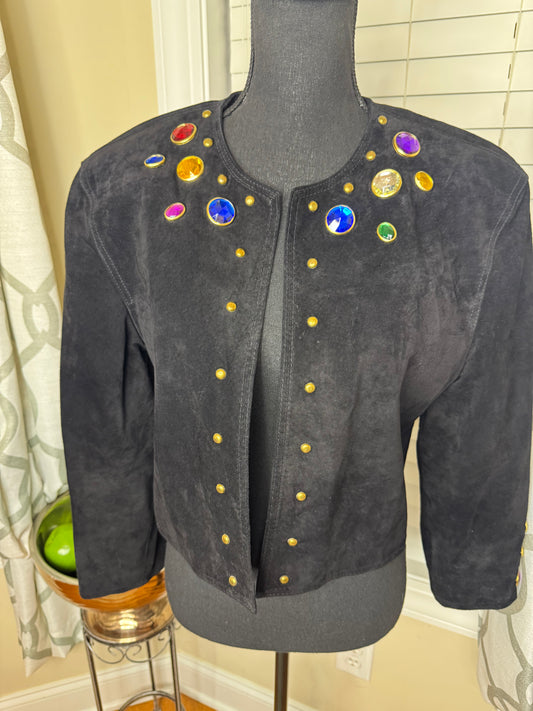 80s Vintage Bejeweled Suede Cropped Open Blazer (Fully Lined)