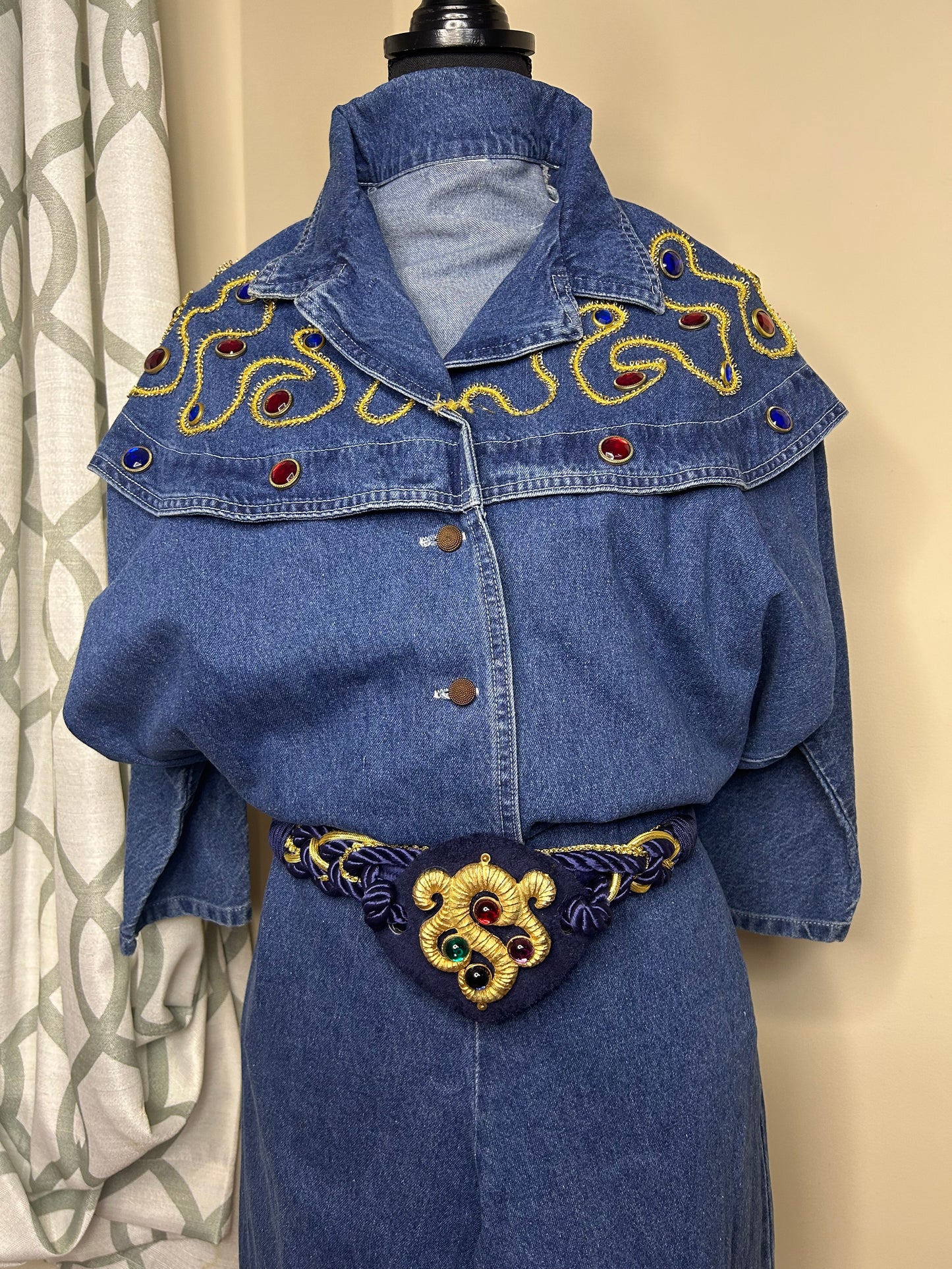 Dolman Sleeve Bejeweled Denim Romper with Belt