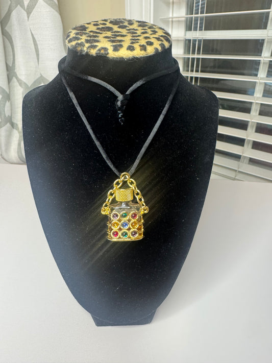 Vintage Perfume Bottle Necklace with Colorful Cabachons