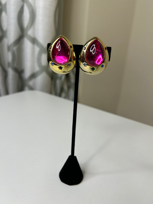 Pink Multicolored Stone Trimmed Clip-on Earrings