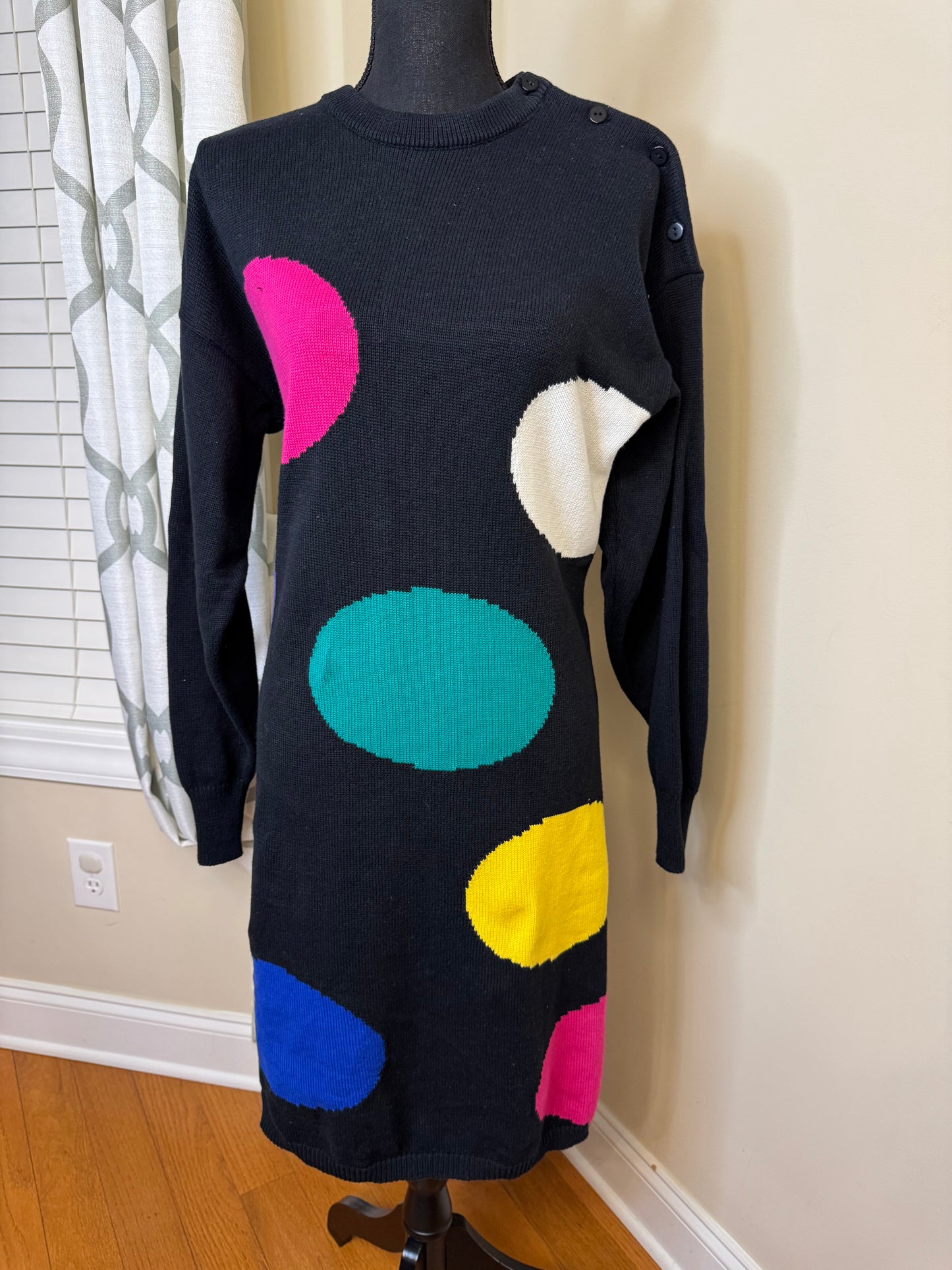 Vtg 80s Leslie Fay Polka Dot Sweater Dress