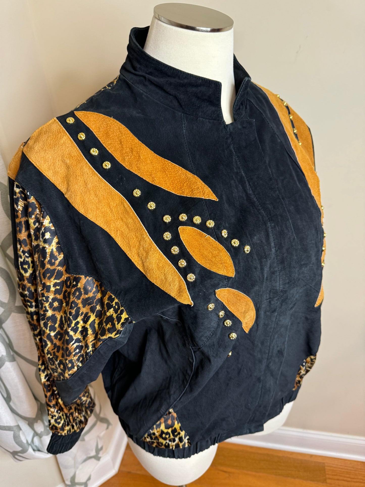 Vintage Animal Print Leather Jacket with Gold Grommets
