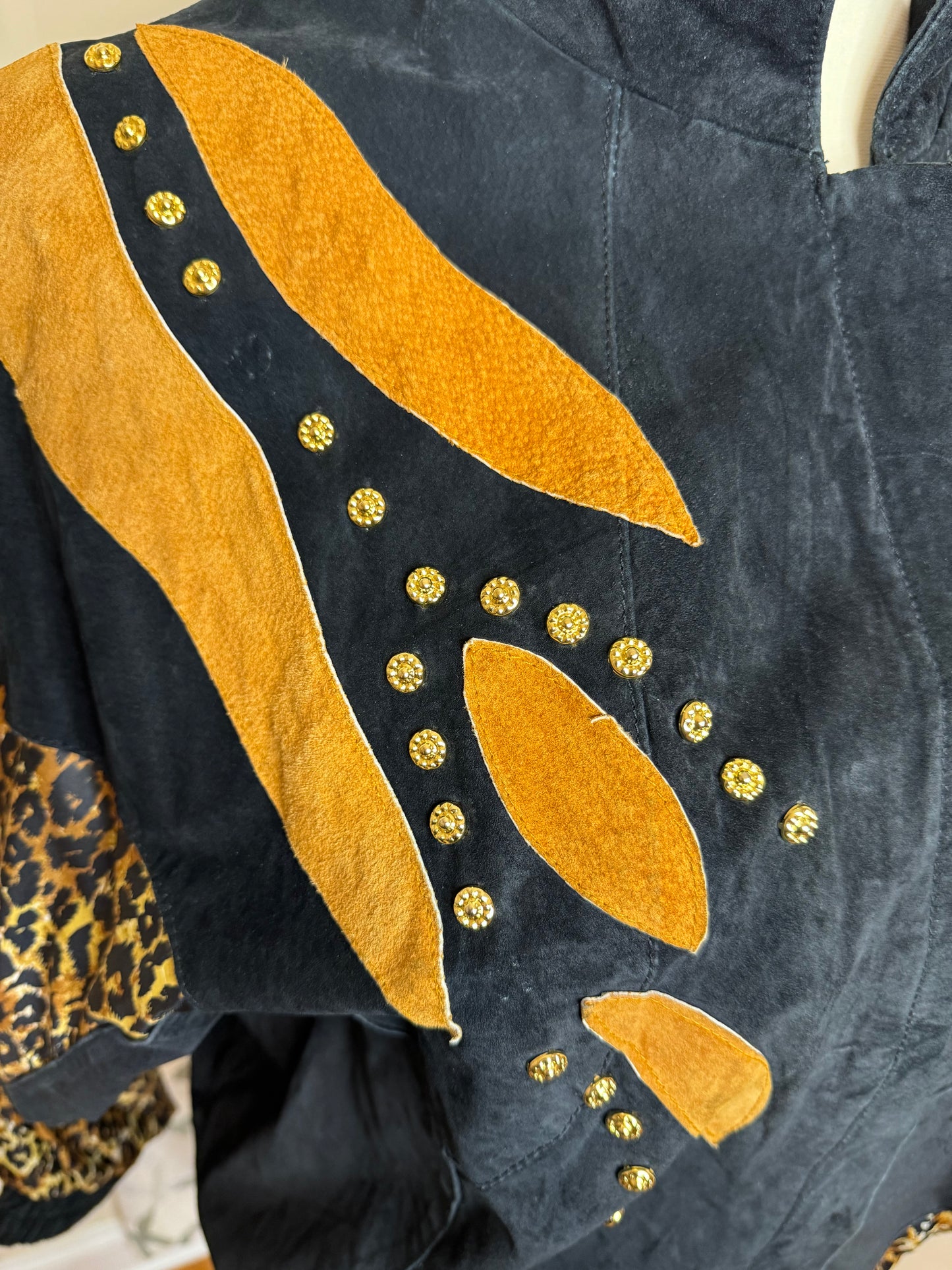 Vintage Animal Print Leather Jacket with Gold Grommets
