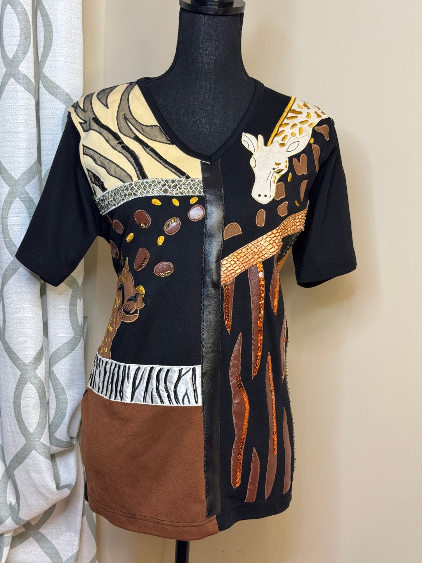 Vintage Victoria Harbour Beaded and Embroidered Tshirt with Faux Leather Patches
