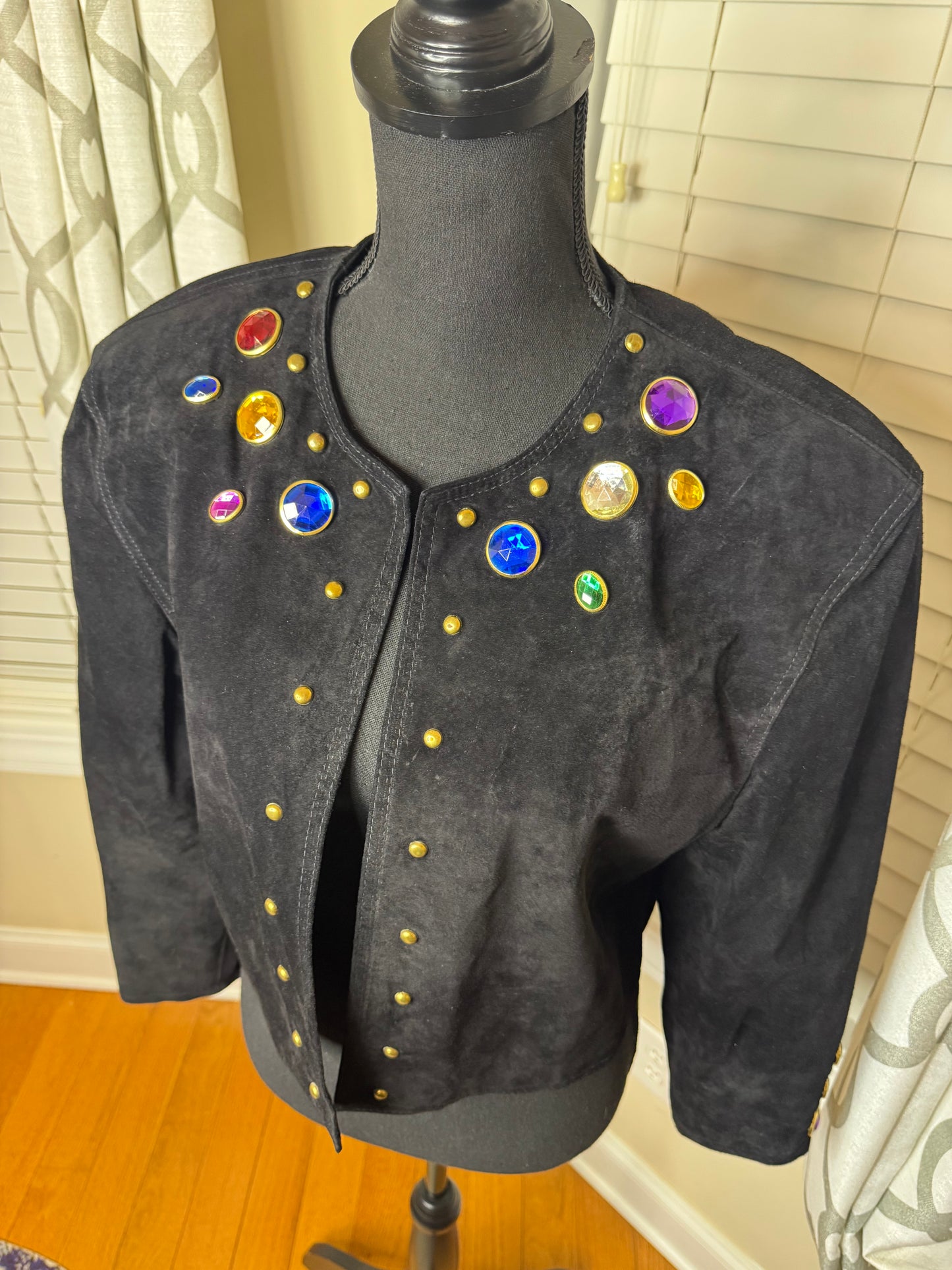 80s Vintage Bejeweled Suede Cropped Open Blazer (Fully Lined)