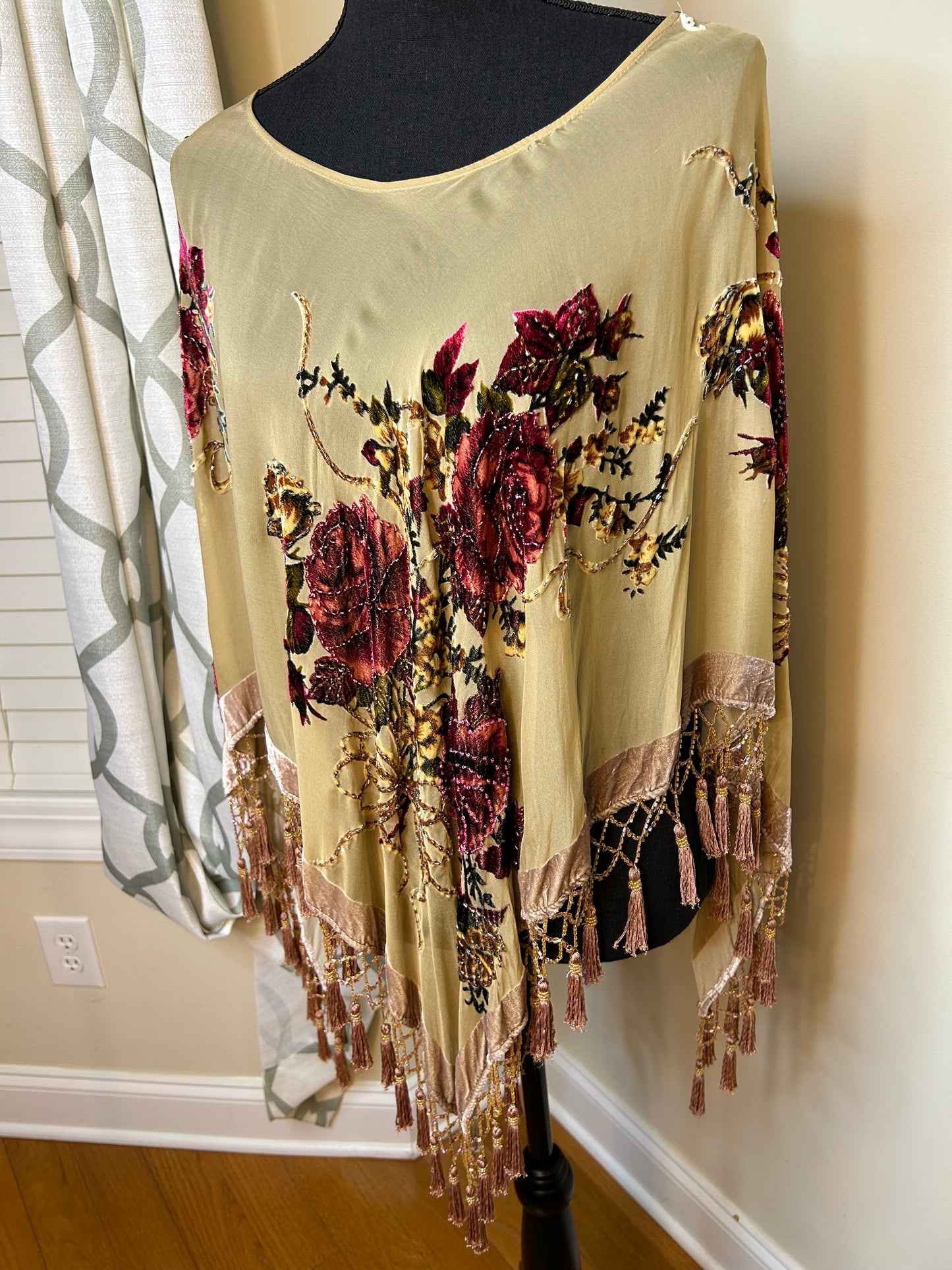 Cache Embroidered and Beaded Poncho with Sequin Tassels