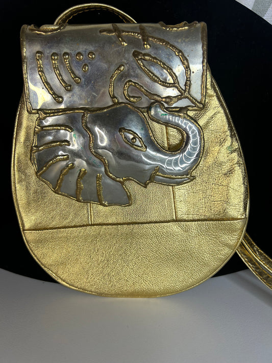 Metallic Genuine Leather Purse with Metal Elephant