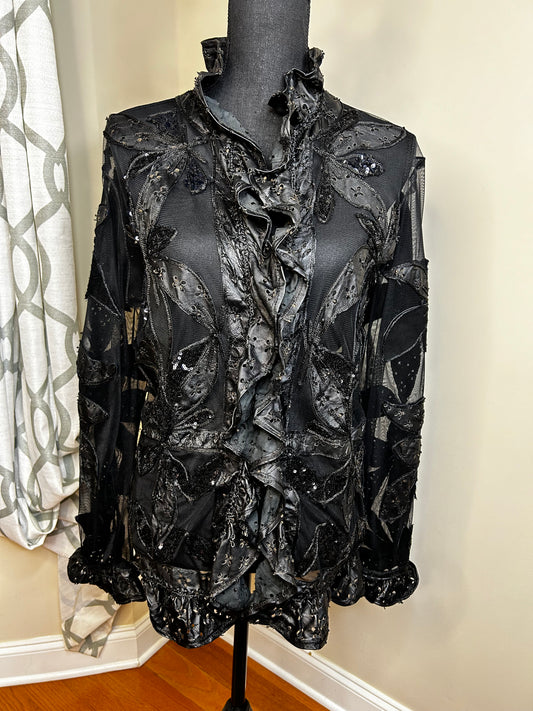 Genuine Lamb Leather Jacket with Sheer Sleeves and Sequin