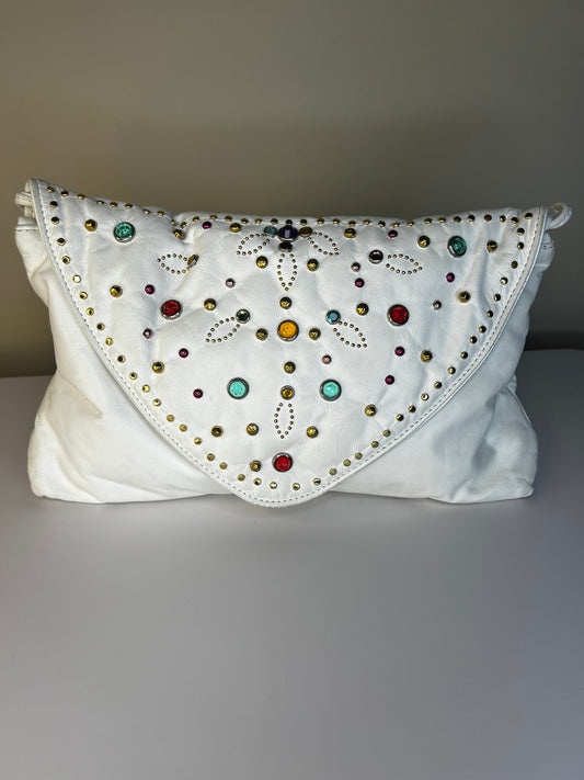 Gem Embellished White Clutch/Shoulder Bag