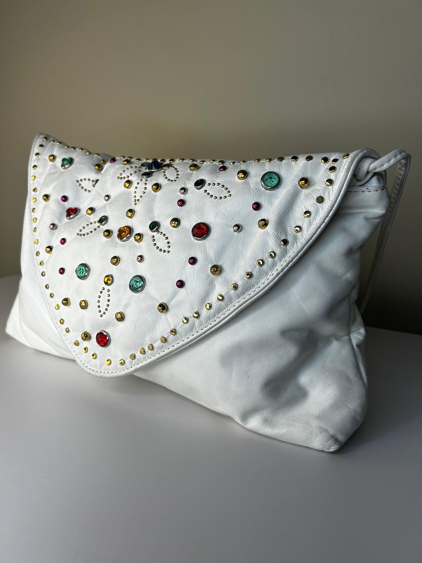 Gem Embellished White Clutch/Shoulder Bag