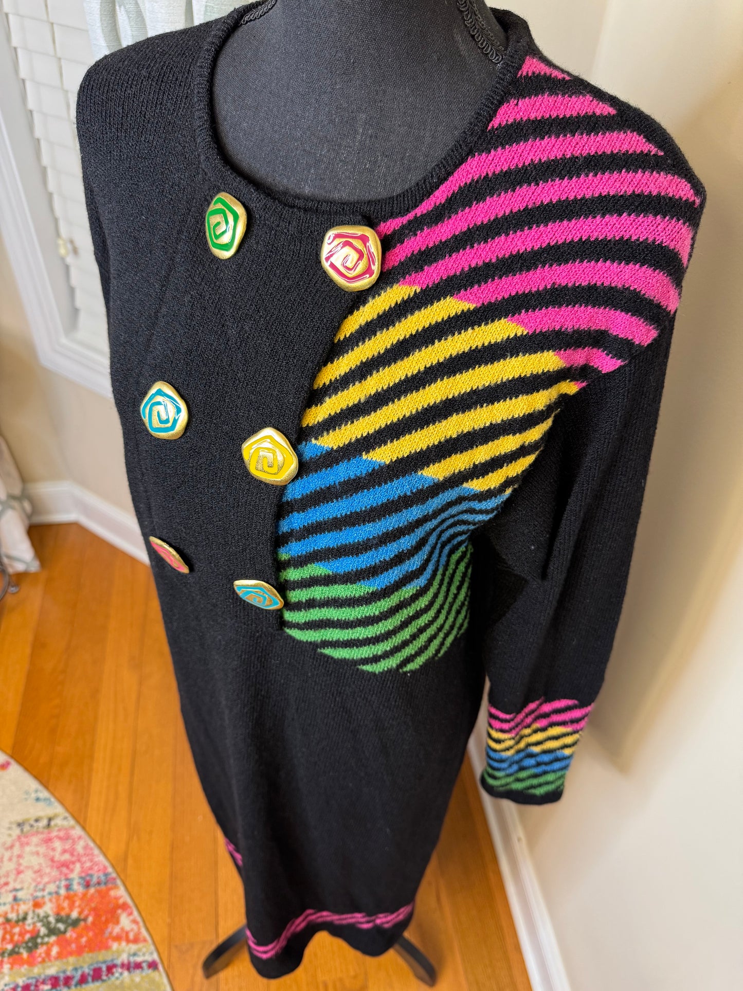 Vtg 80s Striped Sweater Dress with Accent Buttons