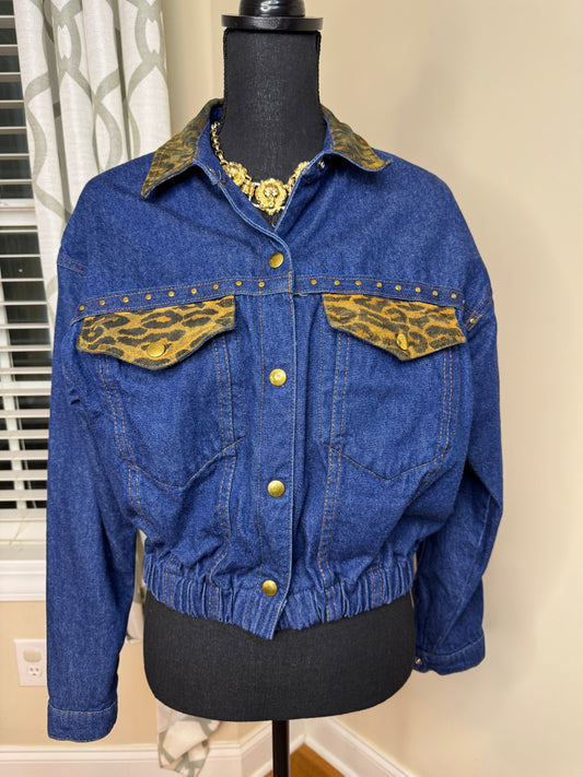 Margaret Godfrey Vtg Denim Jacket with Leopard Print Trim