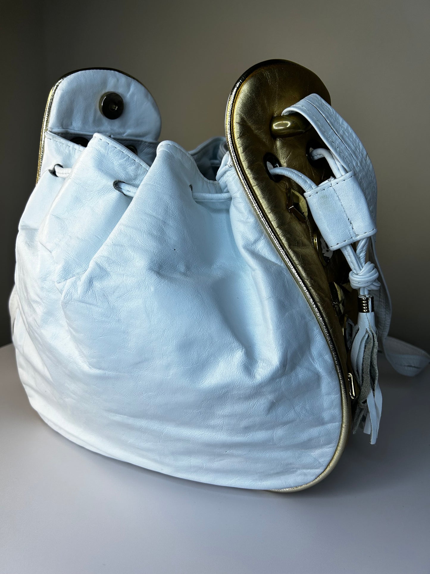 White Bejeweled Bucket Bag