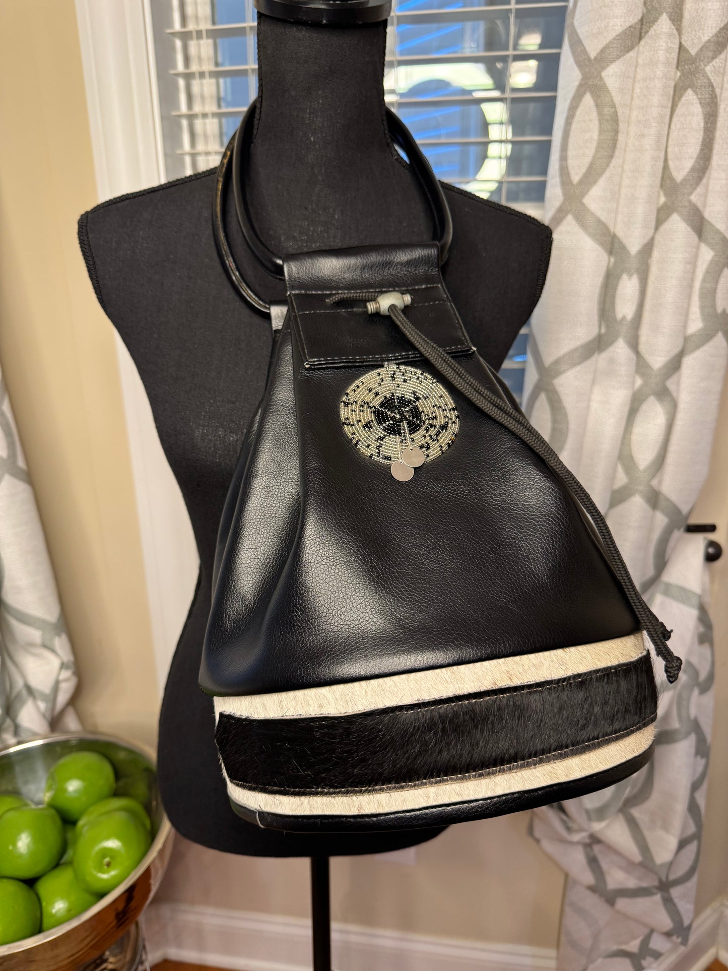 Black Faux Leather Handbag with Mohair Trim