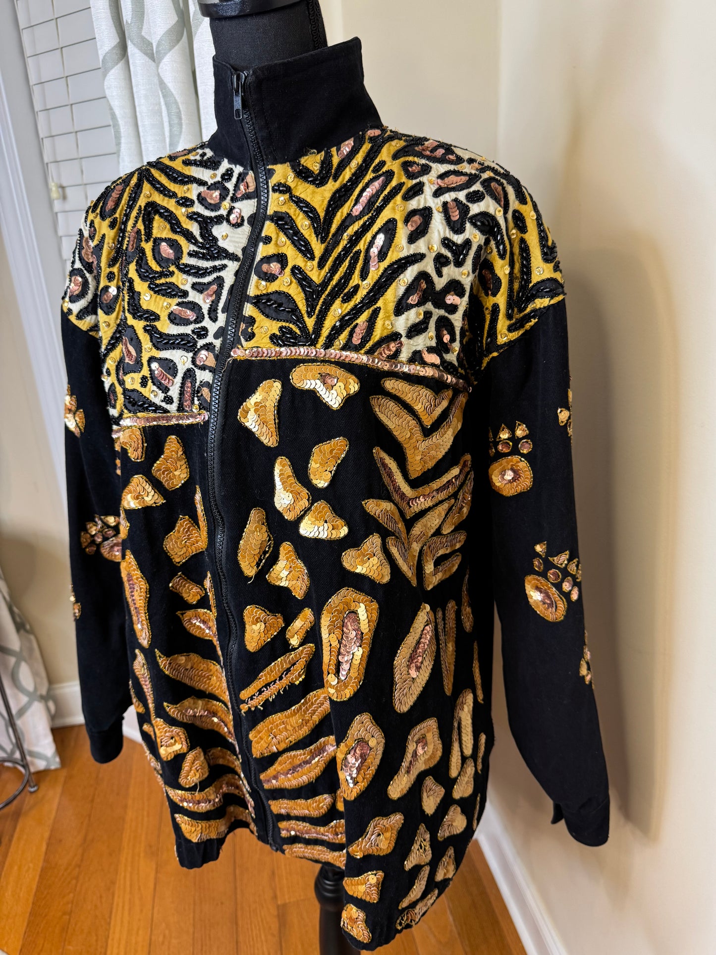 Vtg MODI Sequin and Animal Print Denim Jacket