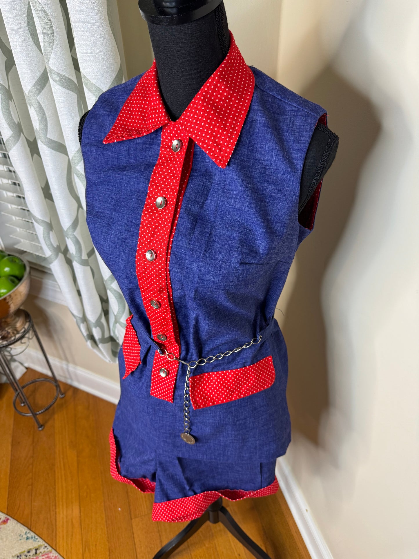 Vintage 80's 2-Piece Denim Polka Dot Trimmed Short Set with Belt