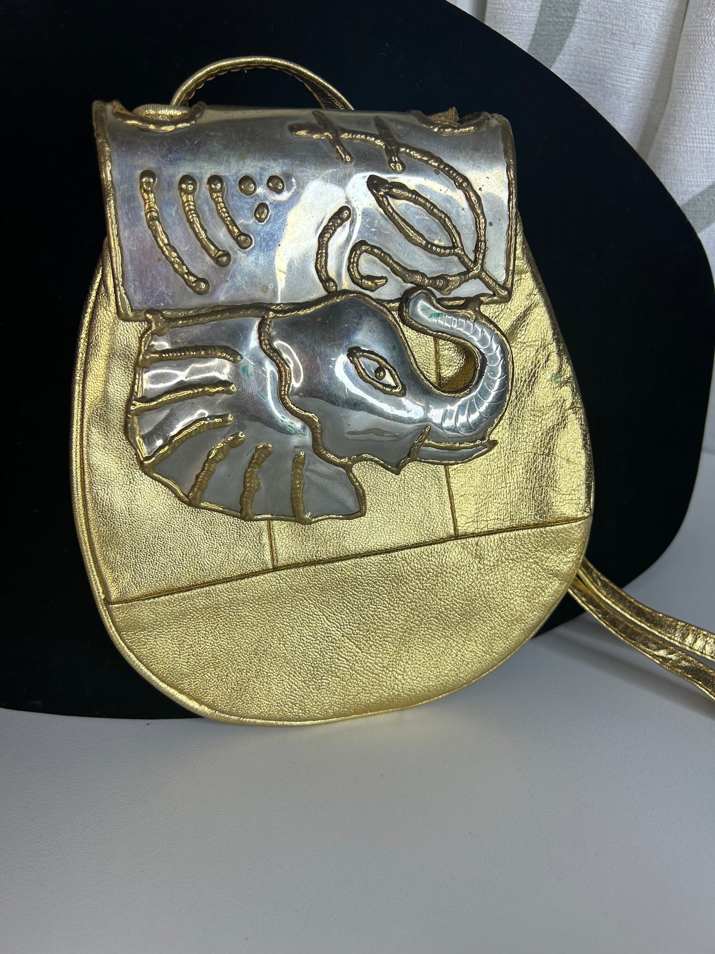 Metallic Genuine Leather Purse with Metal Elephant