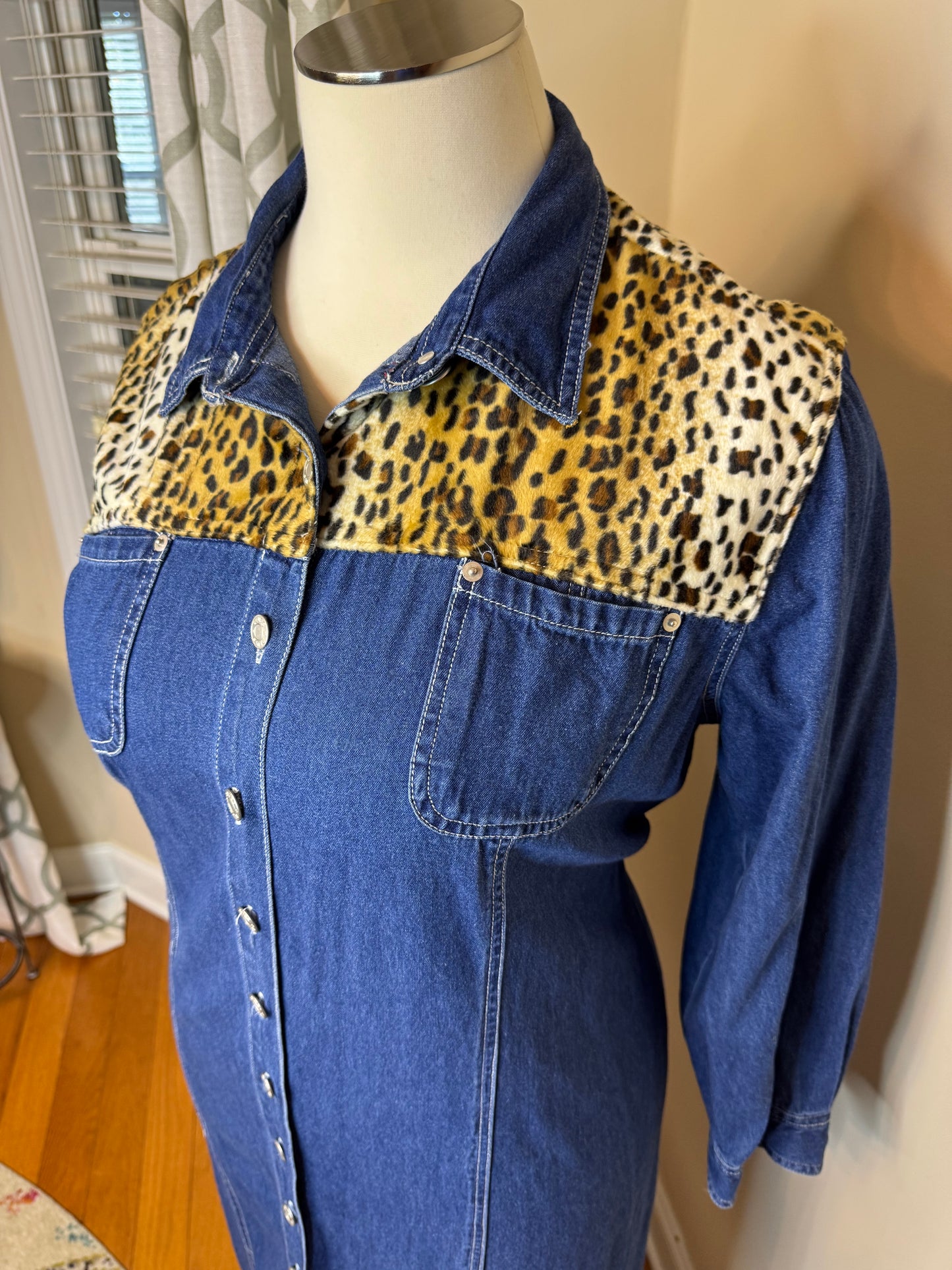 Baccini Vintage Animal Print Trimmed Denim Dress
