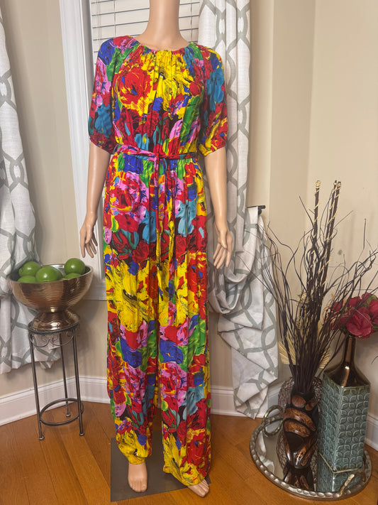 Floral Print Romper with Waist-Tie
