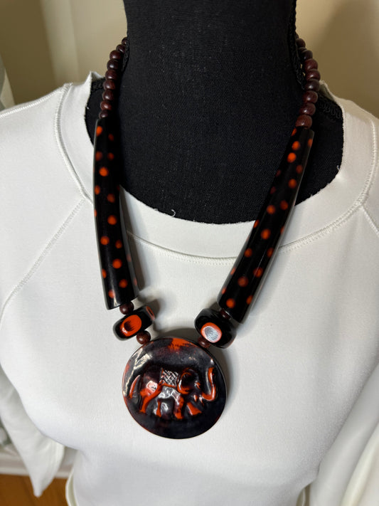 Shaded Black and Rust Stone BeadTibetan Elephant Necklace