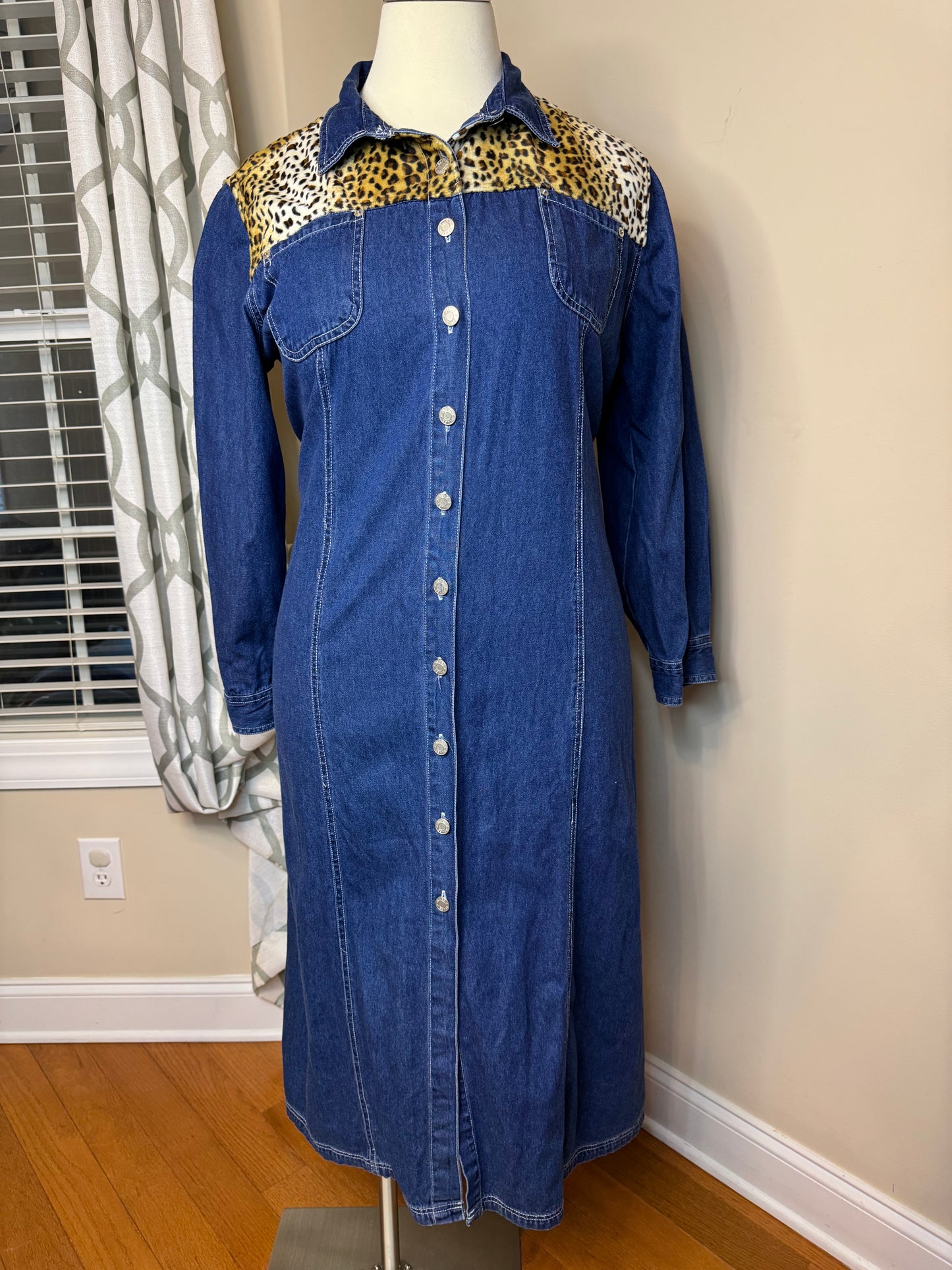 Baccini Vintage Animal Print Trimmed Denim Dress