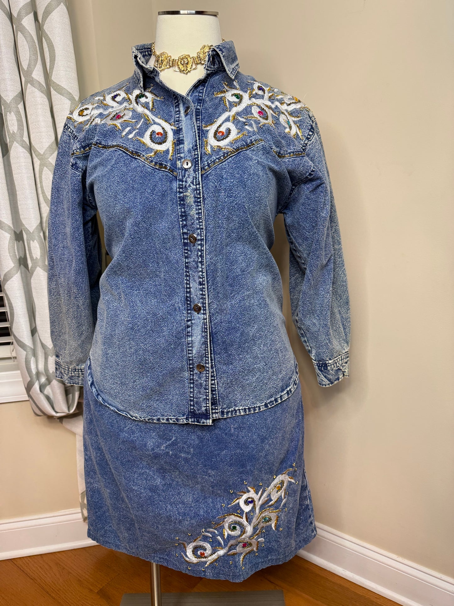 Club Z Vtg Denim Bejeweled 2-Piece Skirt Set