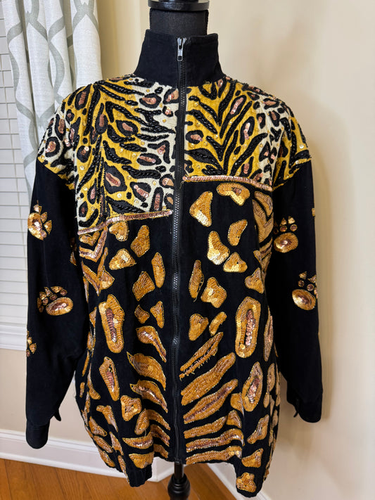 Vtg MODI Sequin and Animal Print Denim Jacket