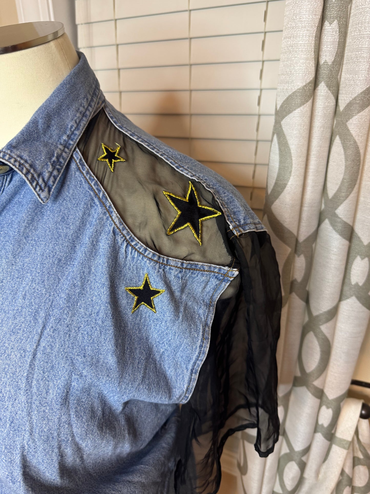 Vintage ZANA-DI Denim Star Embroidered Shirt with Sheer Sleeves
