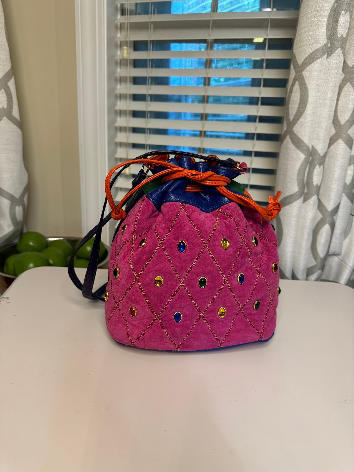 Genuine Leather Bejeweled Vintage Bucket Bag